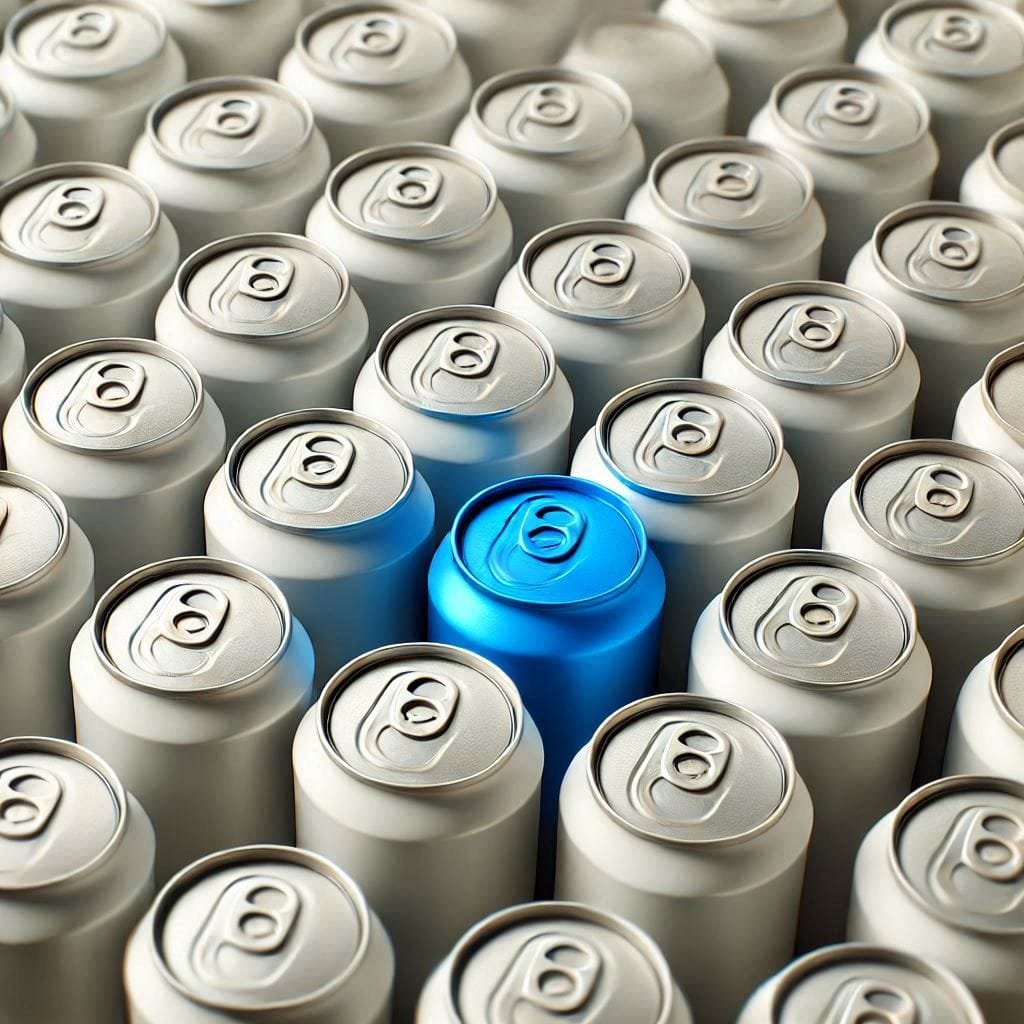 A bunch of white cans with one blue can towards the center, all the same height, with the other cans closer to the blue can, only the top part of the blue can should be seen Product Videos
